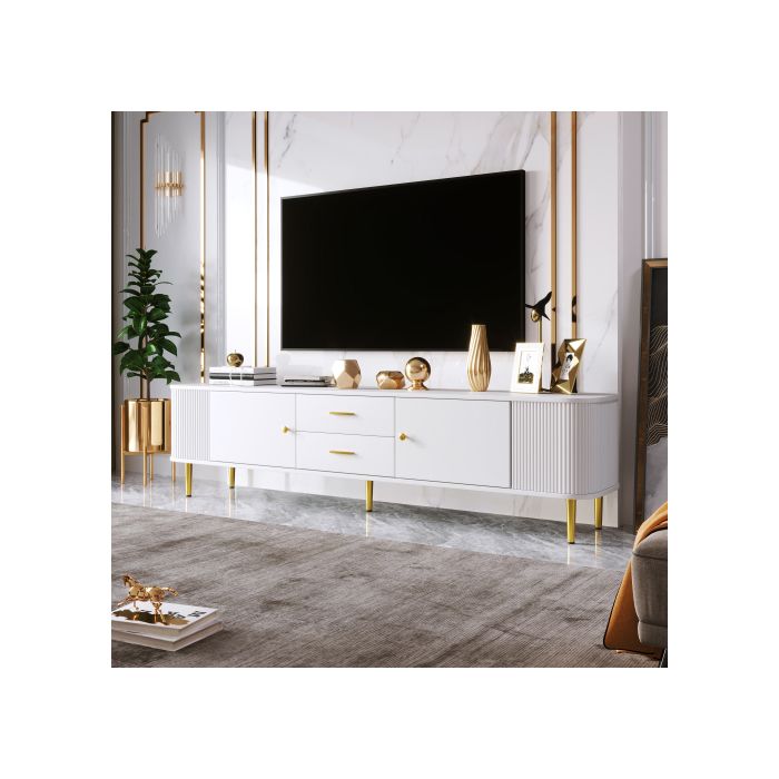 Meuble TV - MUVOE - Décontracté - Blanc et doré - 2 tiroirs - Design contemporain