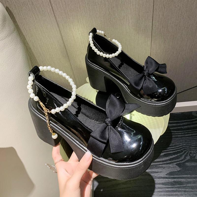 Туфли Мэри Джейн на высоком каблуке, женские, весна 2024, новые, в стиле феи, с бантом, на толстой подошве, с жемчужинами и юбкой