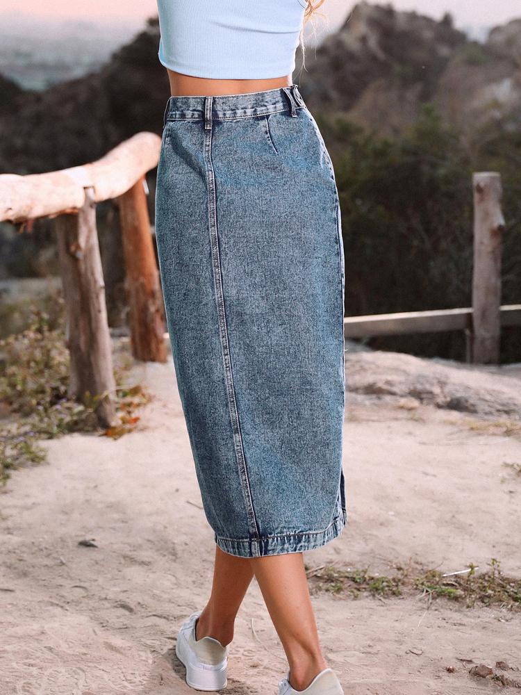 Ayollar Modasi Yuqori Bel Denim Yubka Yirtig'i Uzun Jinsi Yubka