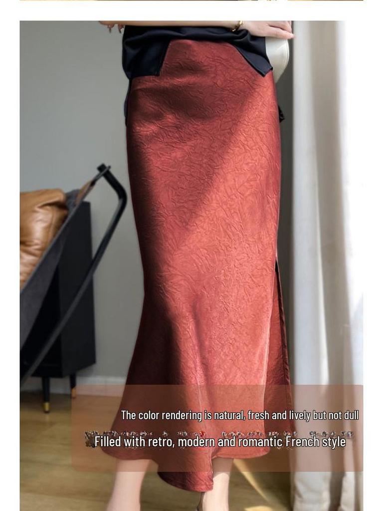 Женская плиссированная юбка-рыбий хвост из высококачественного шелка - лето 2024 г., однотонная, с высокой талией, с разрезом.