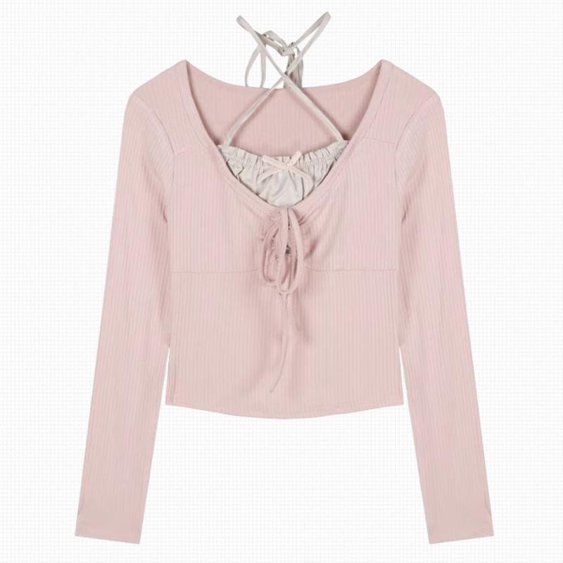 Розовая милая и пряная футболка из двух предметов с длинным рукавом, женская ранняя осень в балетном стиле, облегающий короткий топ с бантом для пикантной девушки