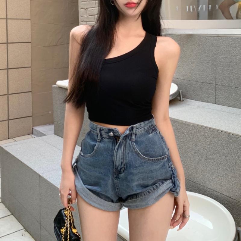 Летний женский топ с диагональными плечами, универсальный топ с открытым пупком, короткий топ