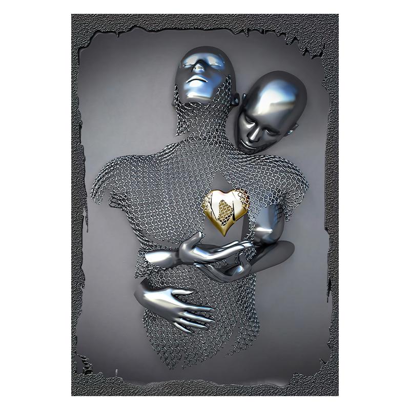 Абстрактная пара Скульптура Холст Картина Красное сердце Металлическая статуя Плакаты для влюбленных Настенная картина для гостиной Украшение дома
