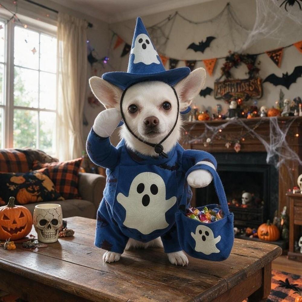 Adjustable Halloween Pet Ghost Costume Glow-in-the-Dark Full Body Jumpsuit Photography