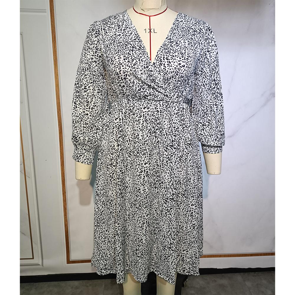 Весенне-осеннее женское платье большого размера с v-образным вырезом и длинными рукавами, тонкое платье с эластичной резинкой на талии