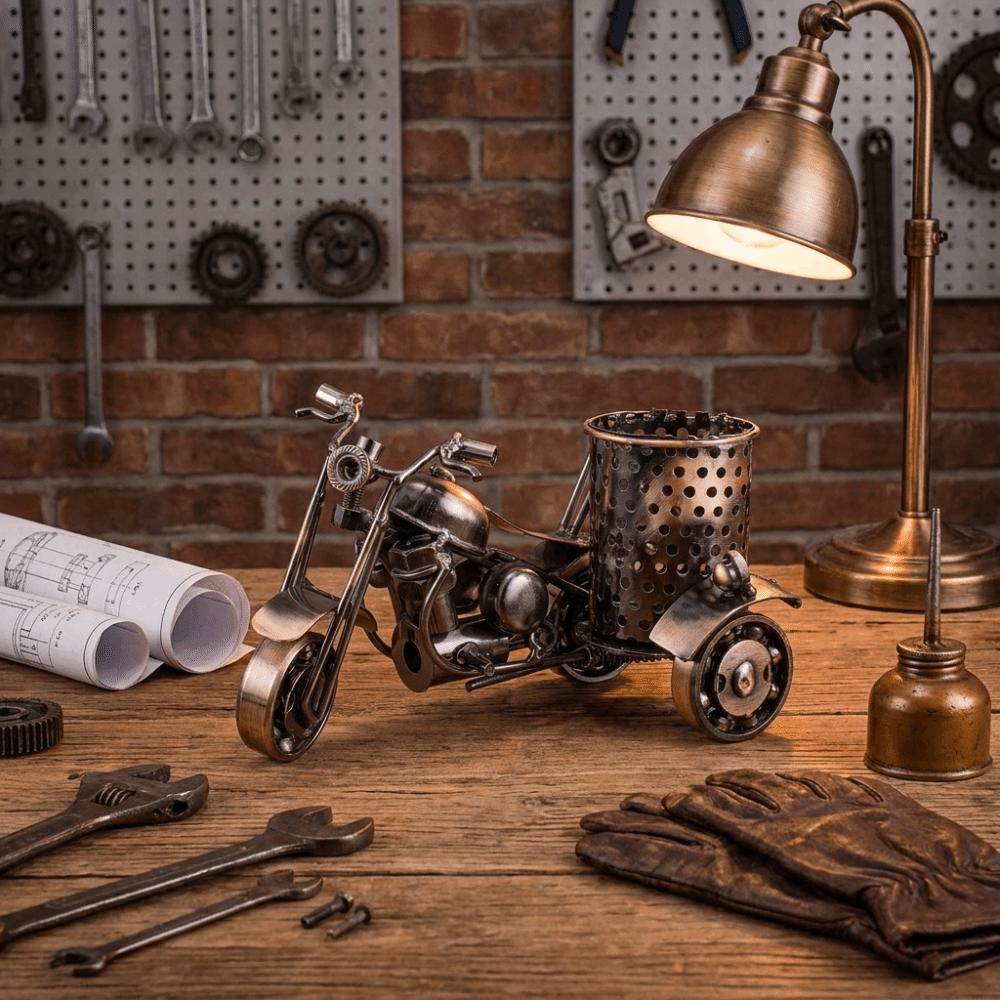 Solid Iron Material Motorcycle Shaped Pen Holder Vintage Desk Organizer Home Study