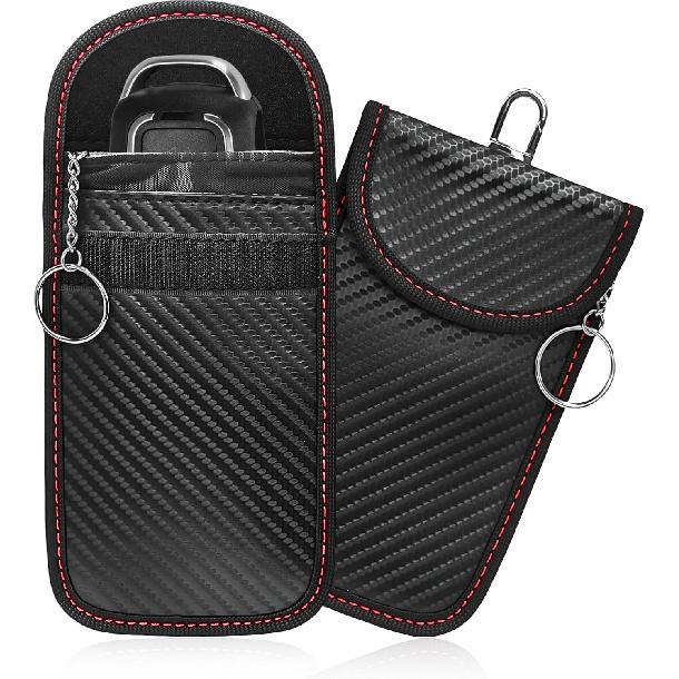 2 PCS Faraday Pouch for Car Keys, Anti-Theft Key Fob Protector Faraday Bag with Sticky Fastener, Anti-Hacking Carbon Fiber RFID Signal Blocking Pouch
