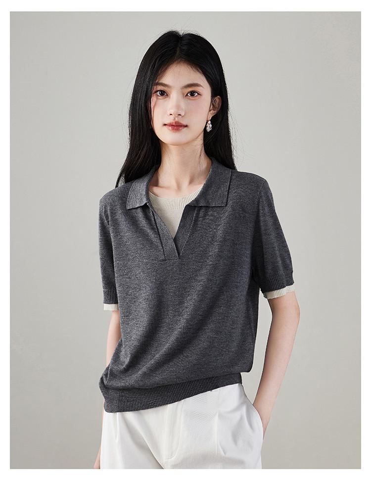 Color blocking fake two piece short sleeved knitted sweater for women in spring 2026, fashionable and versatile, slimming and casual T-shirt top
