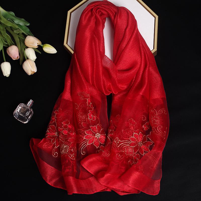 Luxury Silk Shawl Scarf for Women Design Embroidery Flowers Hijab Wraps Bufandas Female Headkerchief Fouloud Echarpe