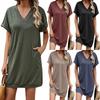 Women's Casual Solid Color V-Neck Pocket Short Sleeve Fashion Loose Dresses
