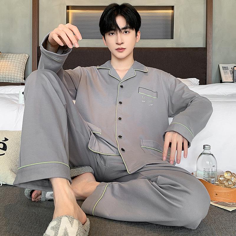 Мужская пижама из хлопка с длинным рукавом на 2024 год - Весенне-осенний комплект домашней одежды для мальчиков-подростков