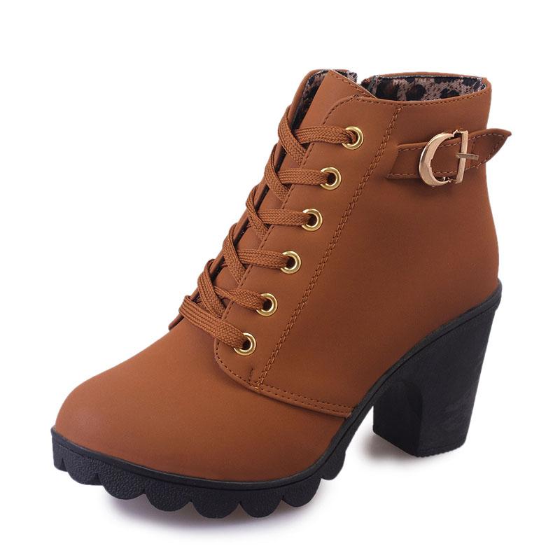 Fashion Women Boots Plus Size Ankle Boots Women Platform High Heels Lace Up Buckle Strap Shoes Thick Heel Short Boot Ladies