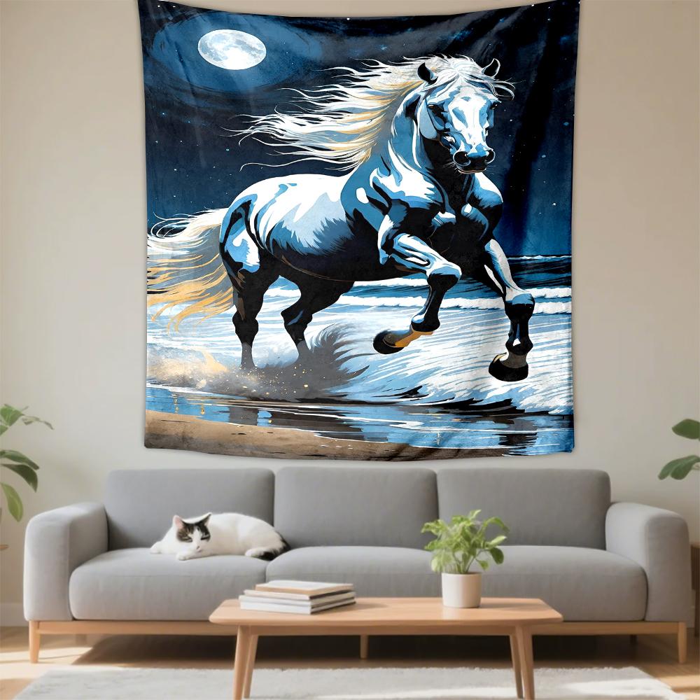 Majestic White Horse Running by Moonlight Patterned tapestry for bedroom and living room home decor