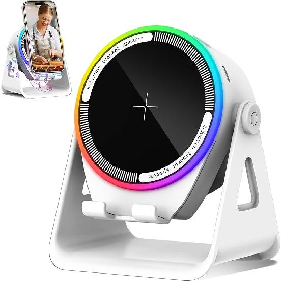 MRMORALE Wireless Induction Speaker, Multifunctional Bluetooth Phone Holder with RGB Light & 360° Rotation, HD Surround Sound, Compatible with