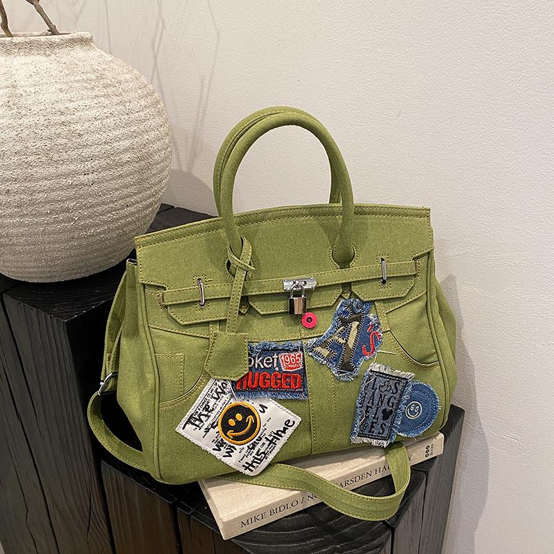 Denim Shoulder Messenger Bag Portable Spoof Fashion New Trouser Pocket Design Horizontal Version Laugh Insurance Patch Platinum Bag Women