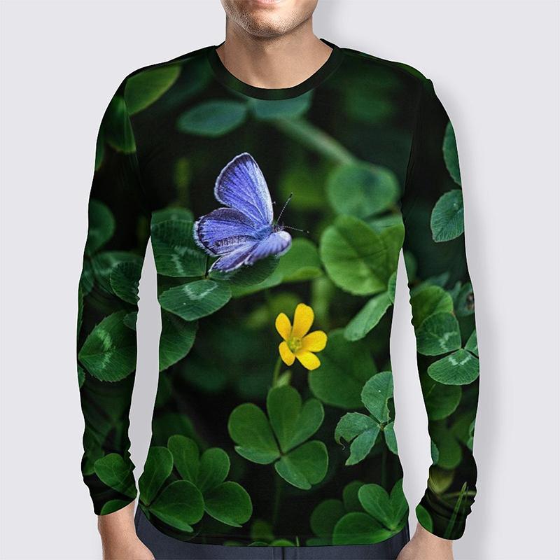 Lucky Grass Clovers 3D Graphic Tee Shirt Funny Pattern Designer Tshirt Men Autumn Fashion Casual Round Neck Long Sleeves Tee