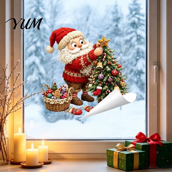 Christmas Window Clings Cling, Santa Claus and Reindeer PVC Decals, Waterproof Static Seasonal Store Display Glass Stickers for Holiday Home
