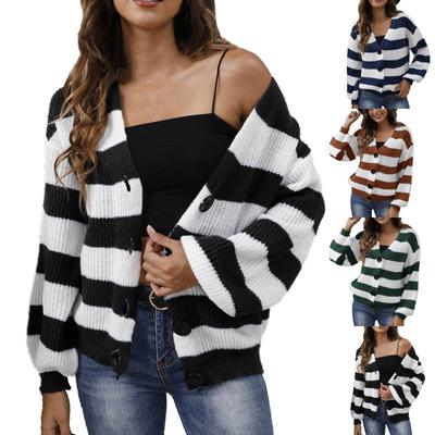 Женская повседневная модная удобная новая контрастная полосатая тканая куртка-свитер с пуговицами