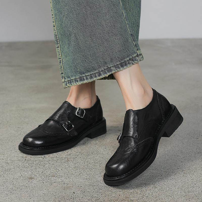Мода 2025 Осень Новые Женские Туфли Натуральная Кожа Низкий Каблук Повседневные Оксфорды Женские Лоферы с Пряжкой Блок Винтажная Обувь Туфли