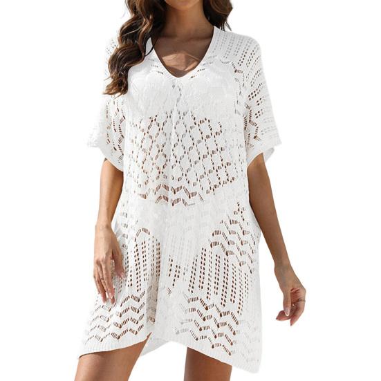 Women's Mesh Crochet Swimwear Cover-Up V-Neck Short Sleeve Hollow Out Beachwear Loose Fit Bikini Cover Up Dress for Vacation Travel