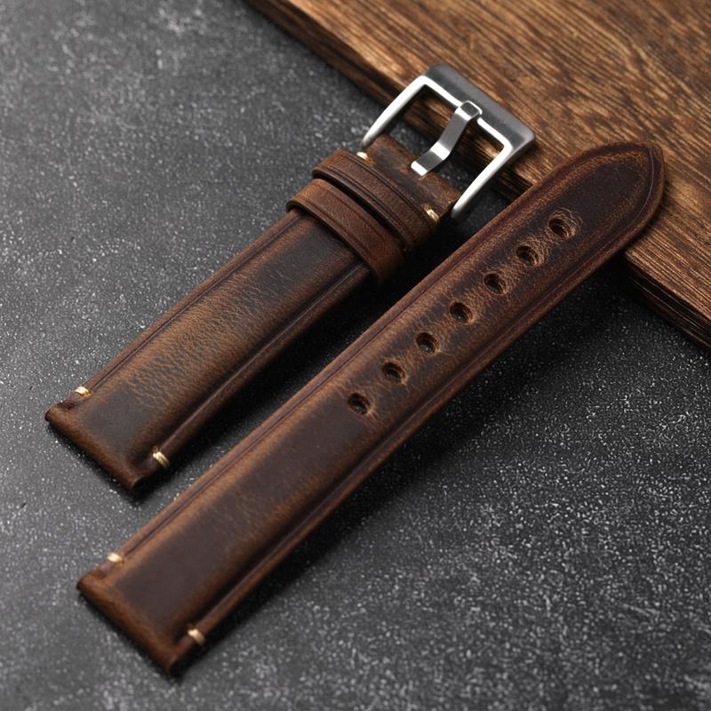 For Italian Oil Wax Leather Vintage Men Strap 18 19 20 21 22MM Thick Watch Bracelet Crazy Horse Leather Brown Bracelet