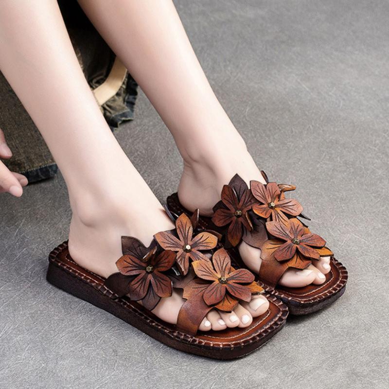 Johnature Дышащие тапочки из натуральной кожи на мягкой подошве на плоской подошве, шлепанцы с цветами в этническом стиле, универсальная женская обувь