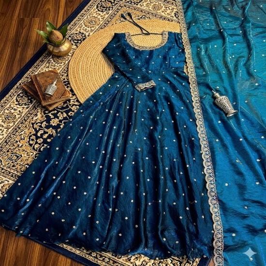 Embroidered Neck Silk Flared Anarkali Suit Set with Zari Dupatta