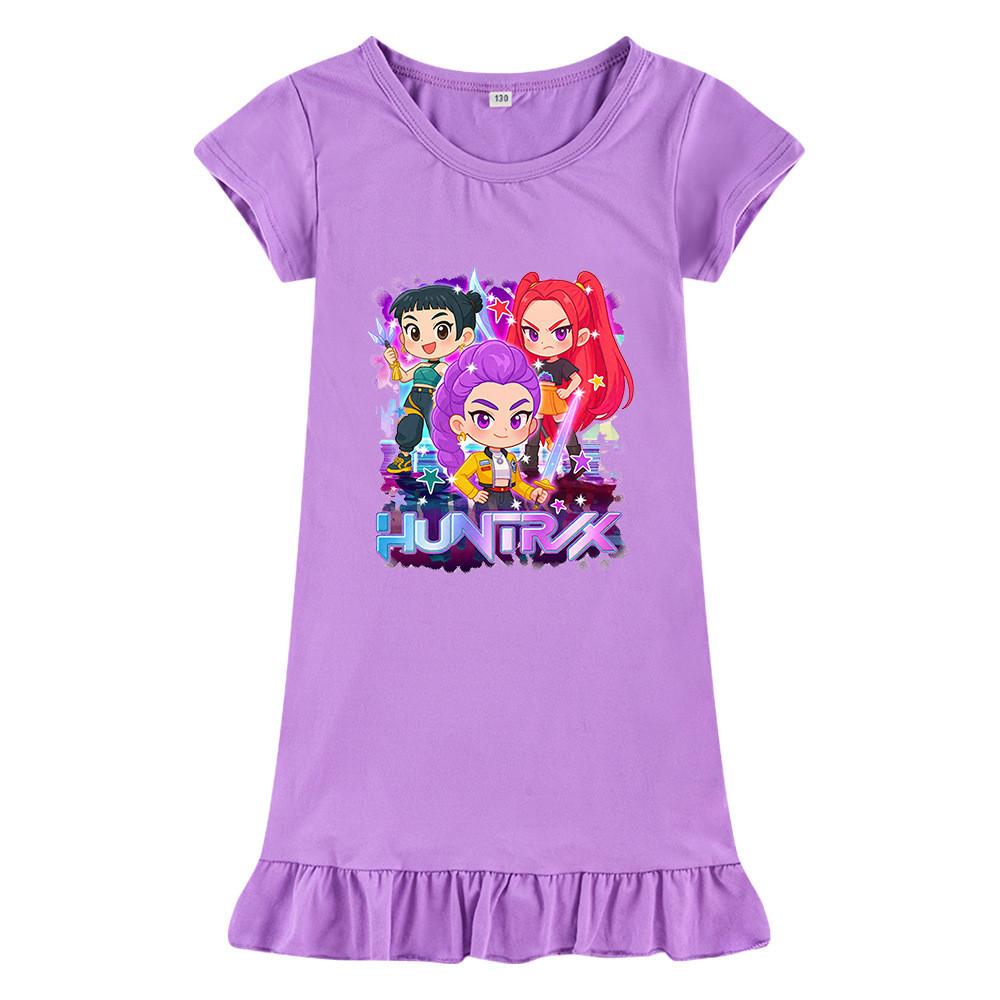 M1222 Kids Girls Kpop Rumi Zoey Mira Print Short Sleeves Ruffle Dress