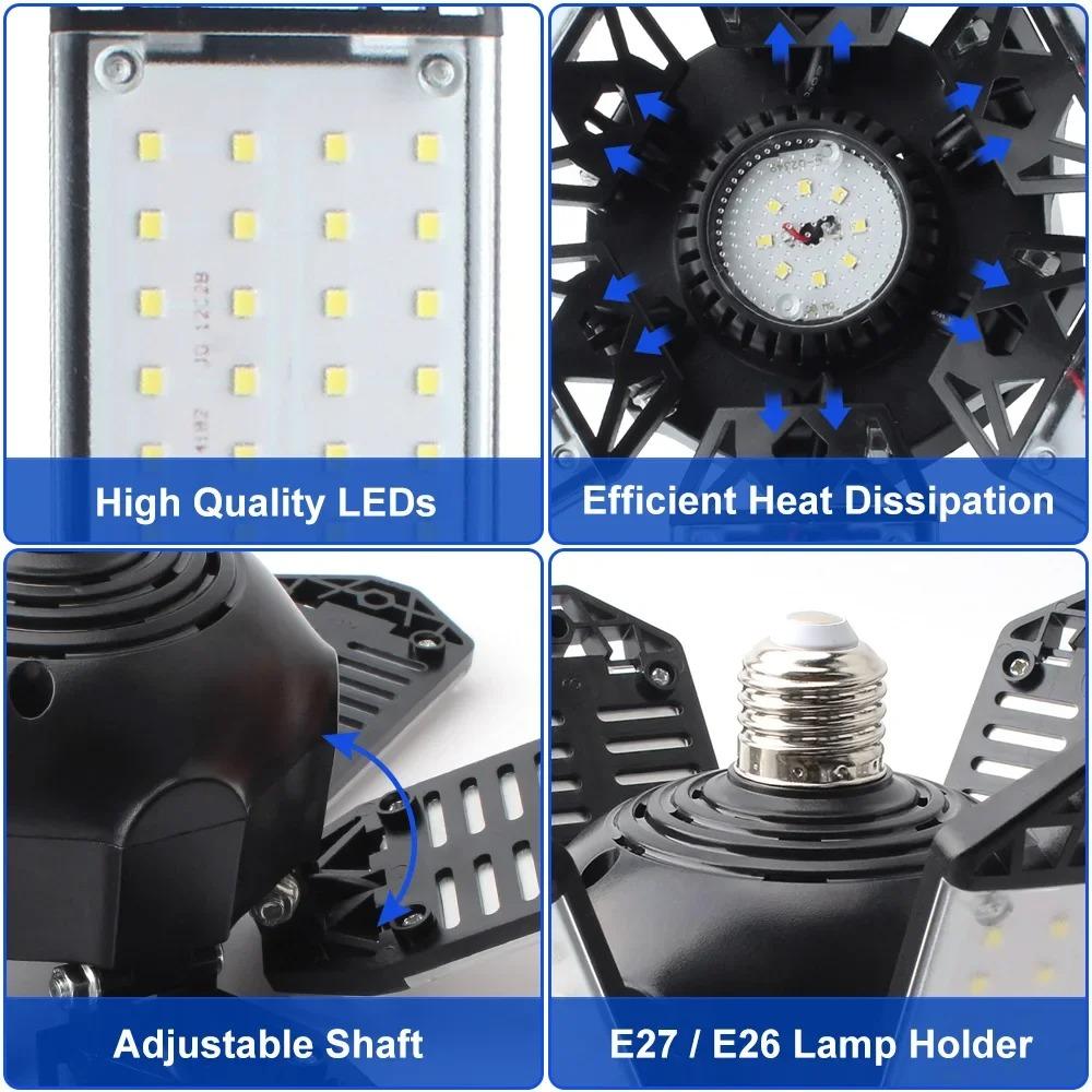 Светодиодный гаражный светильник с 10 панелями и регулируемыми панелями, сверхяркий, потолочное освещение E27/E26, рабочий свет для подвала, мастерской, склада