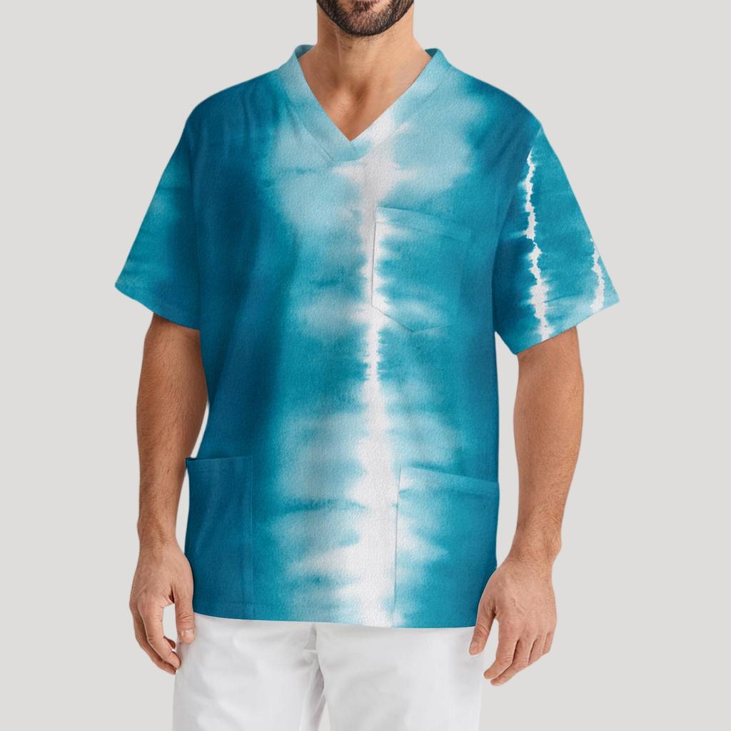 Мужская рабочая блузка с короткими рукавами и v-образным вырезом с принтом, топ с нагрудным карманом