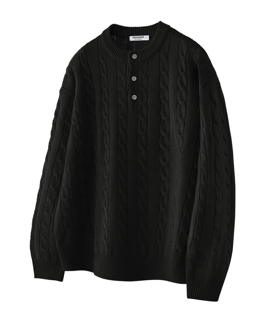 UNTAPPED STUDIO Oversized Cable Henley Neck Round Knit 4 Colors
