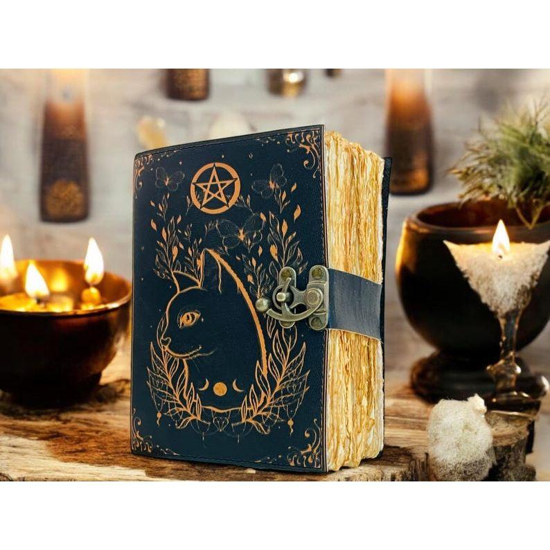 Grimoire Celtic Cat Book of Shadow -Leather Journal- Blank Spell Book - Witch Wiccan Notebook Journal for Women Christmas Gifts