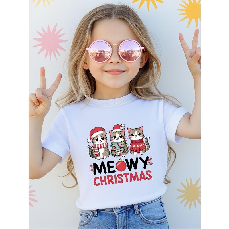 European sizes Merry Christmas Cotton Cute Cat Cartoon Print T-shirt - Casual Short Sleeve T-shirt, Fashion, Slightly Elastic, Casual Boys and Girls