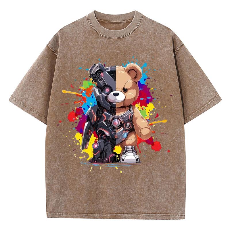 Женские хлопковые выстиранные футболки Модные свободные футболки с круглым вырезом и принтом медведя Меха-воина, с коротким рукавом, женская одежда