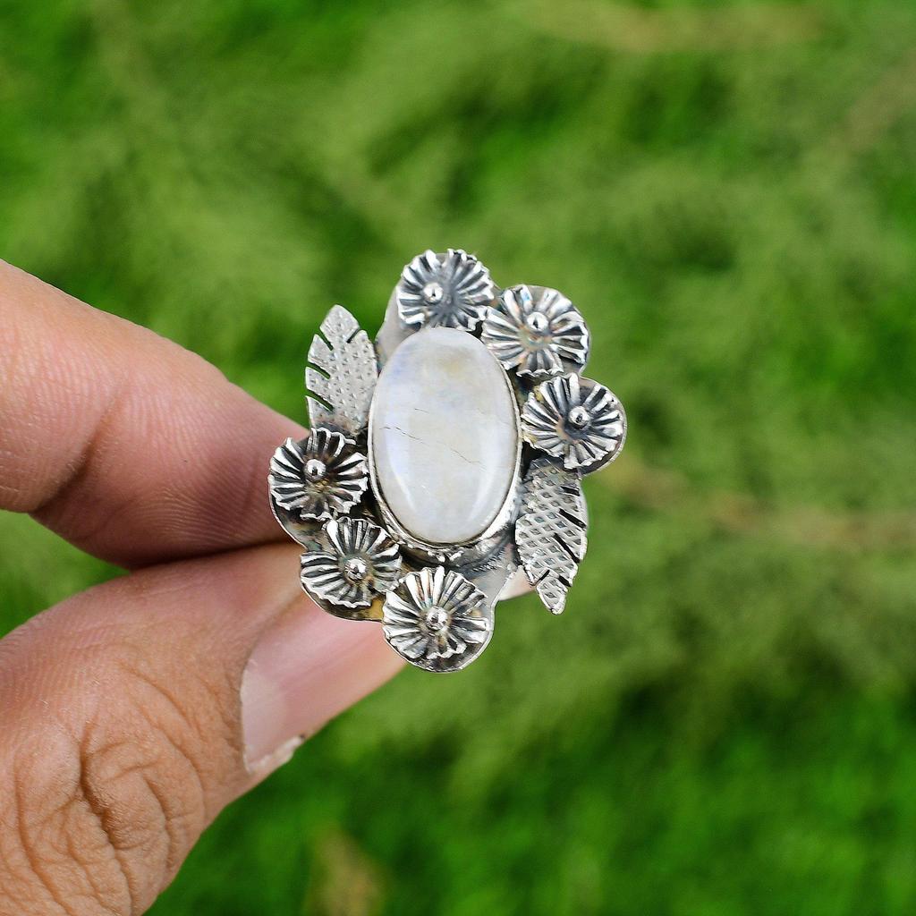 Natural Rainbow Moonstone 925 Silver Promise Flower Adjustable Ring For Girls
