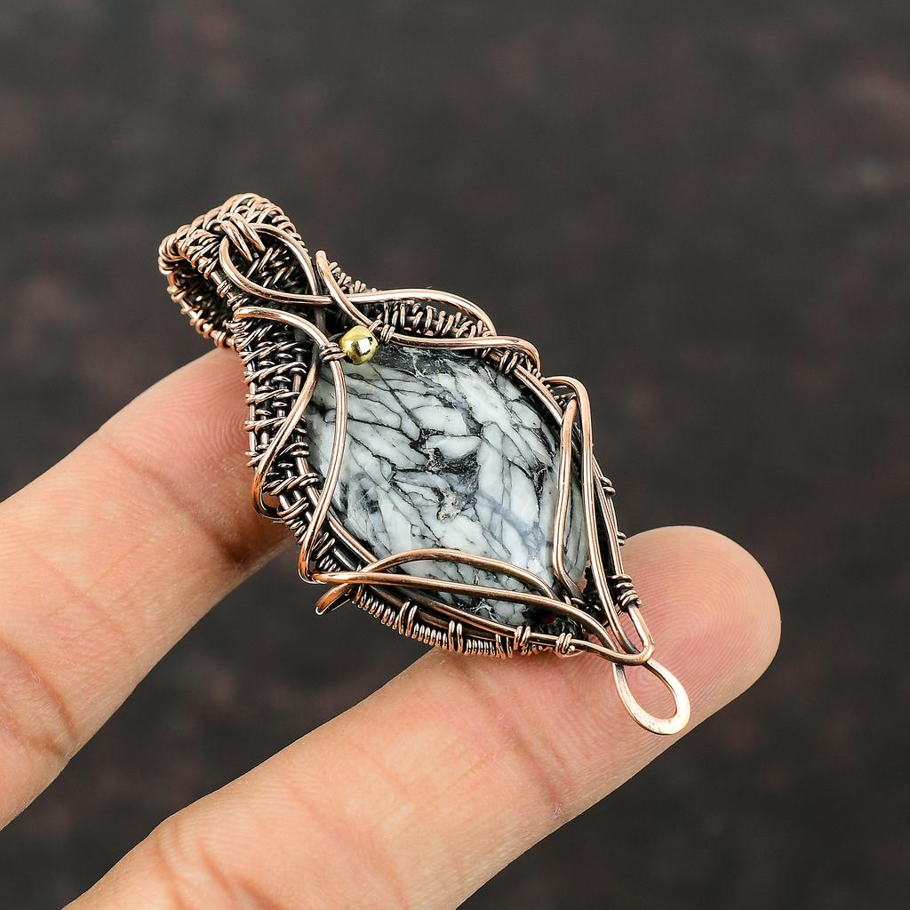 Подвеска из яшмы Pinolith, медная проволока, обернутая драгоценным камнем, кулон ручной работы из меди, совершенно новый кулон в подарок для нее, проволочная обертка, драгоценный камень