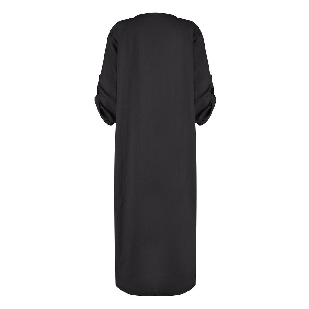Women's Cotton And Linen Solid Color Casual Round Neck  Double Side Pockets 3/4 Sleeve Long Dress