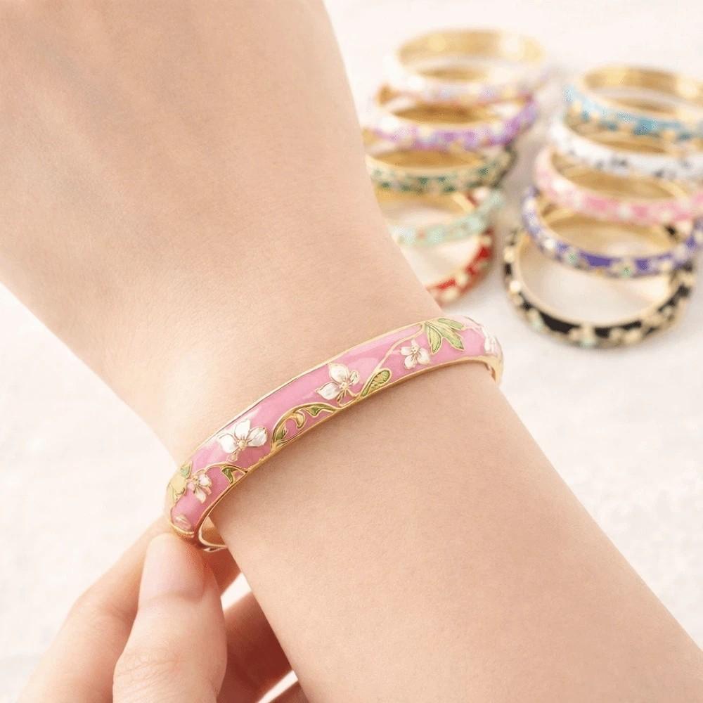 Rhinestone Enamel Bracelet Elegant Retro Court Floral Bangle Cloisonne Bangle Traditional Crafts
