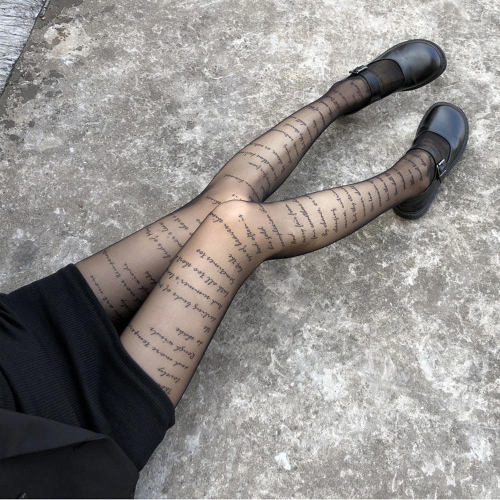 Женские чулки с принтом, вечерние готические колготки с надписями, нейлоновые тонкие колготки с татуировкой, офисное сексуальное женское белье в стиле Лолиты