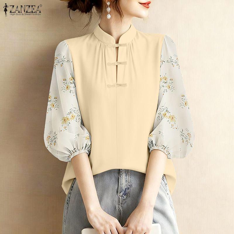 ZANZEA Женская повседневная блузка свободного кроя с воротником-стойкой и рукавами 3/4