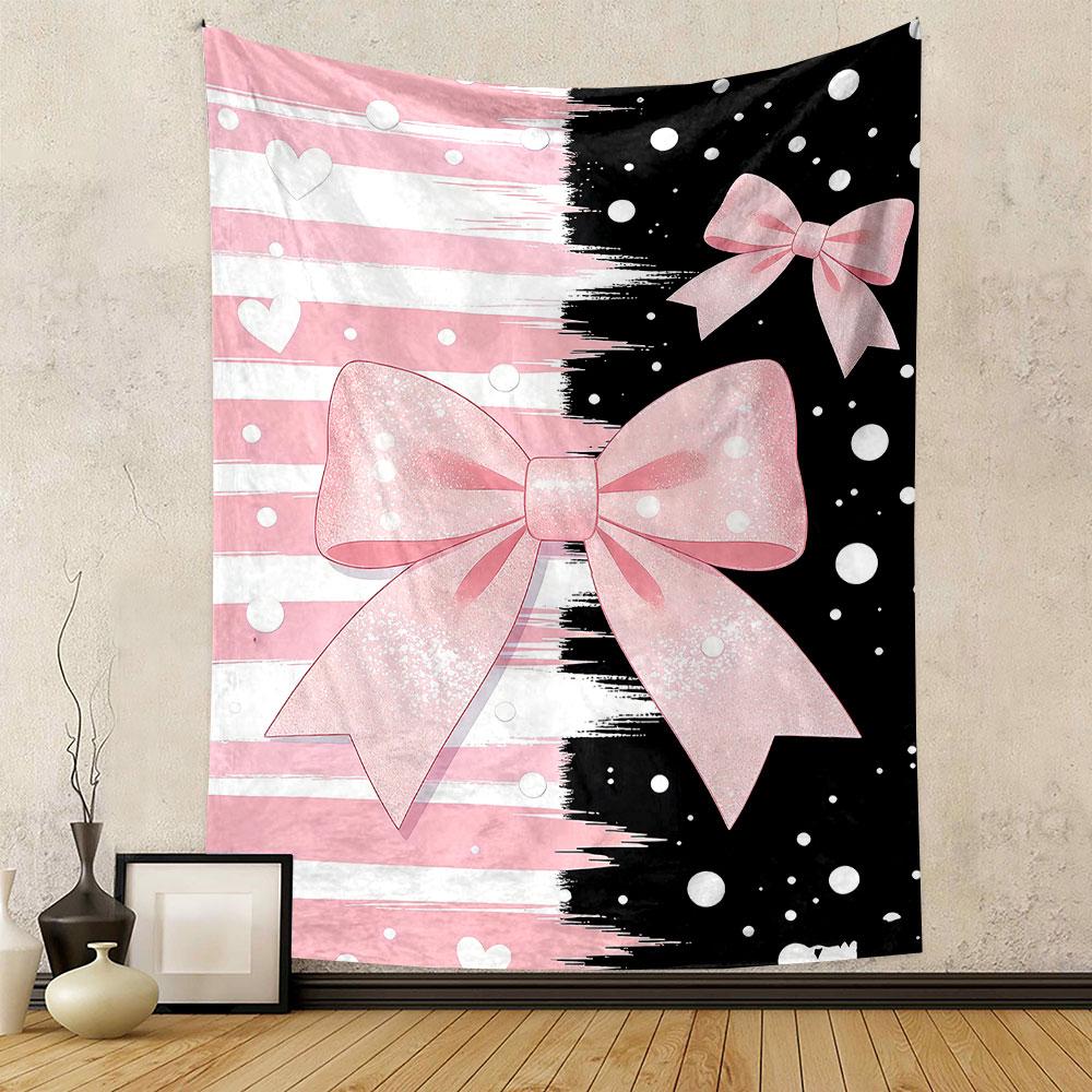 Pink Glitter Bow on Striped Background Patterned tapestry home decor, suitable for bedroom and living room, gift