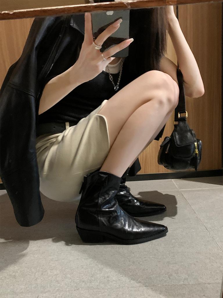 Версия из овчины~ женские ковбойские ботинки челси с острым V-образным вырезом, французские ретро плиссированные тонкие ботинки на толстом каблуке, кожаные короткие ботинки