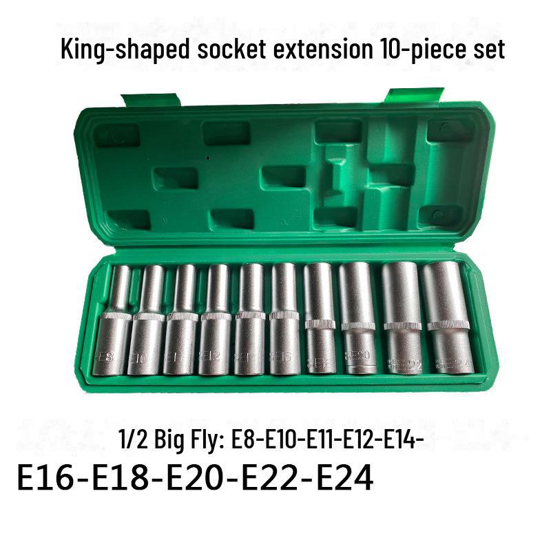 Metric 6-Point Flower-Shaped E-Type Socket Set: 1/2 Large, 3/8 Medium, 1/4 Small, Star Type.