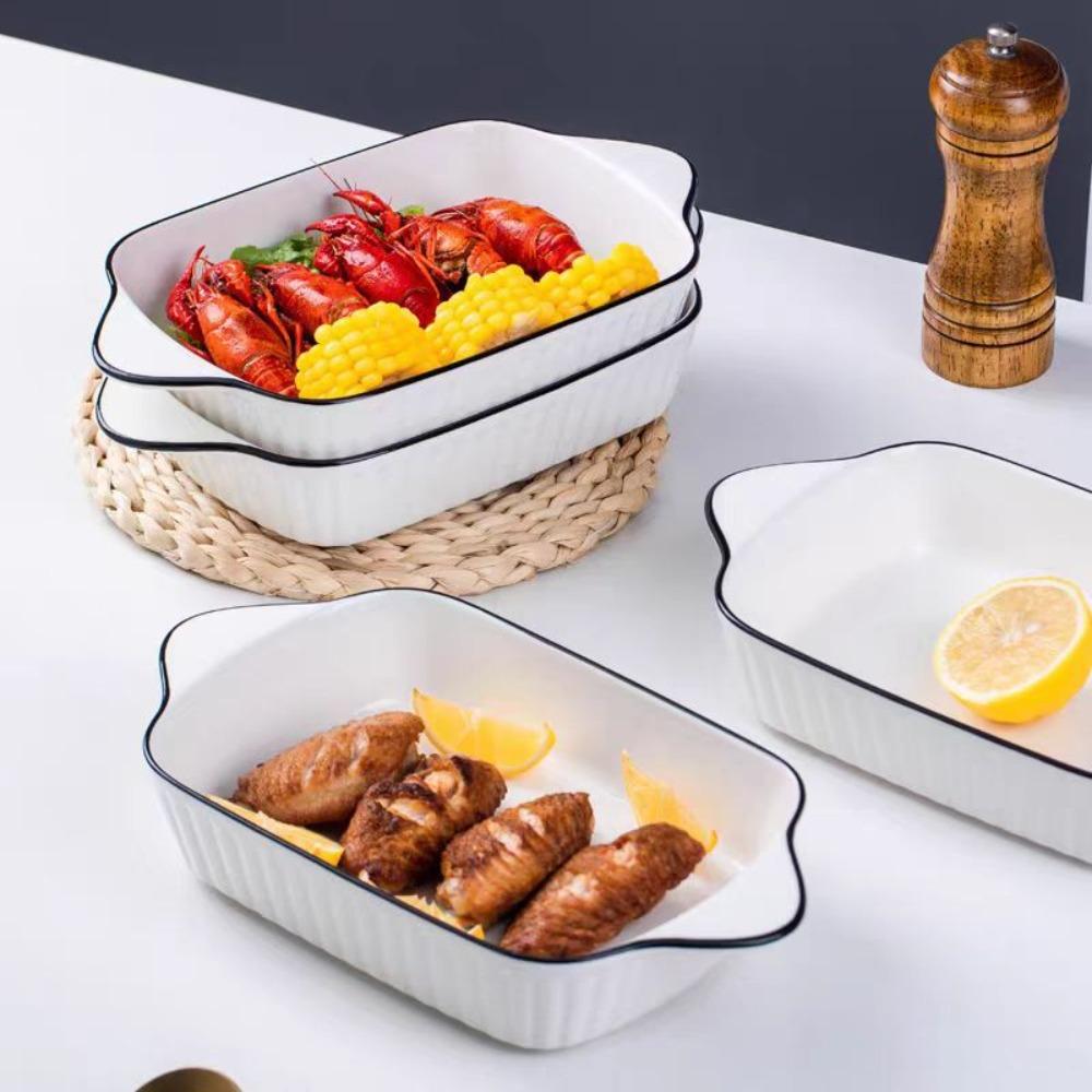 2 Piece Rectangular Double Handle Ceramic Baking Tray Cheese Risotto Baking Dish Tiramisu