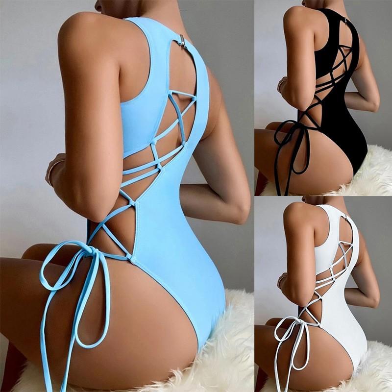 Women's One-Piece Fashion Lace-Up Sexy Solid Color Swimsuit (With Chest Pad Without Steel Bra)