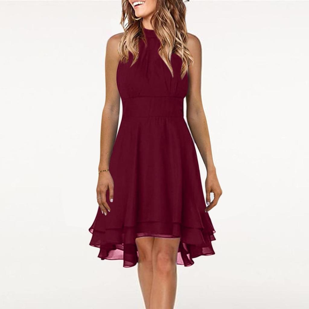 Женское сплошное цветное сексуальное платье трапециевидной формы без рукавов с круглым вырезом и висячим вырезом