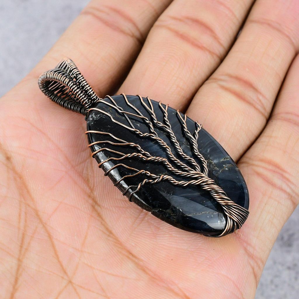 Tree Of Life Blue Tiger's Eye 999 Copper Wire Wrapped Jewelry, Handmade Beauteous Gemstone Jewelry Pendant For Women