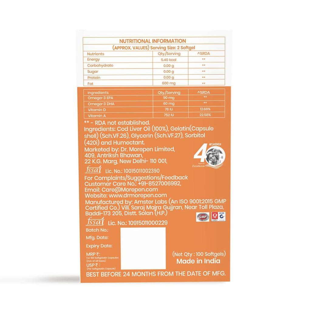 Dr. Morepen COD Liver Oil Capsules Omega 3 EPA DHA with Vitamins D E 100 Softgels X Pack of 2