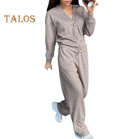 2 Pcs/Set Women Shirt Pants Set V Neck Single-breasted Long Sleeves Knitted Loose Top Drawstring Elastic Waist Wide Leg Trousers Sport Tracksuit