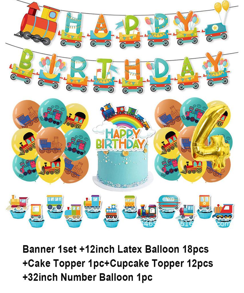 Cartoon Train Theme Birthday Party Decoration Number Balloons Cake Topper Transportation Vehicles Backdrop Banner Party Supplies
